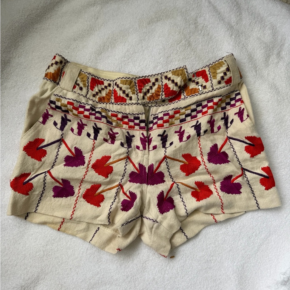 Tory Burch linen Embroidered Cream Women's Shorts with Red & Purple Floral Motif